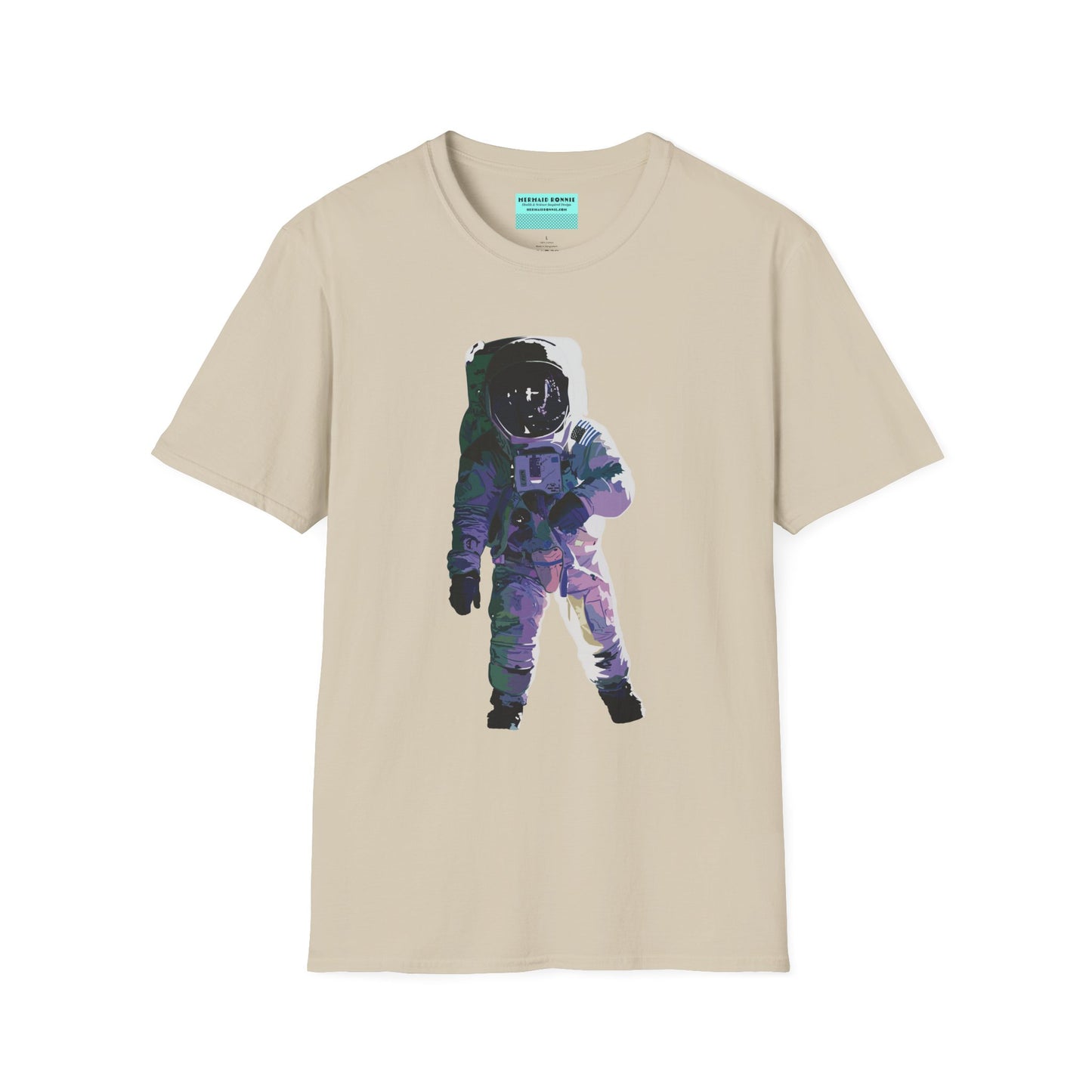 Beige t-shirt featuring a drawing of an astronaut in a space suit.