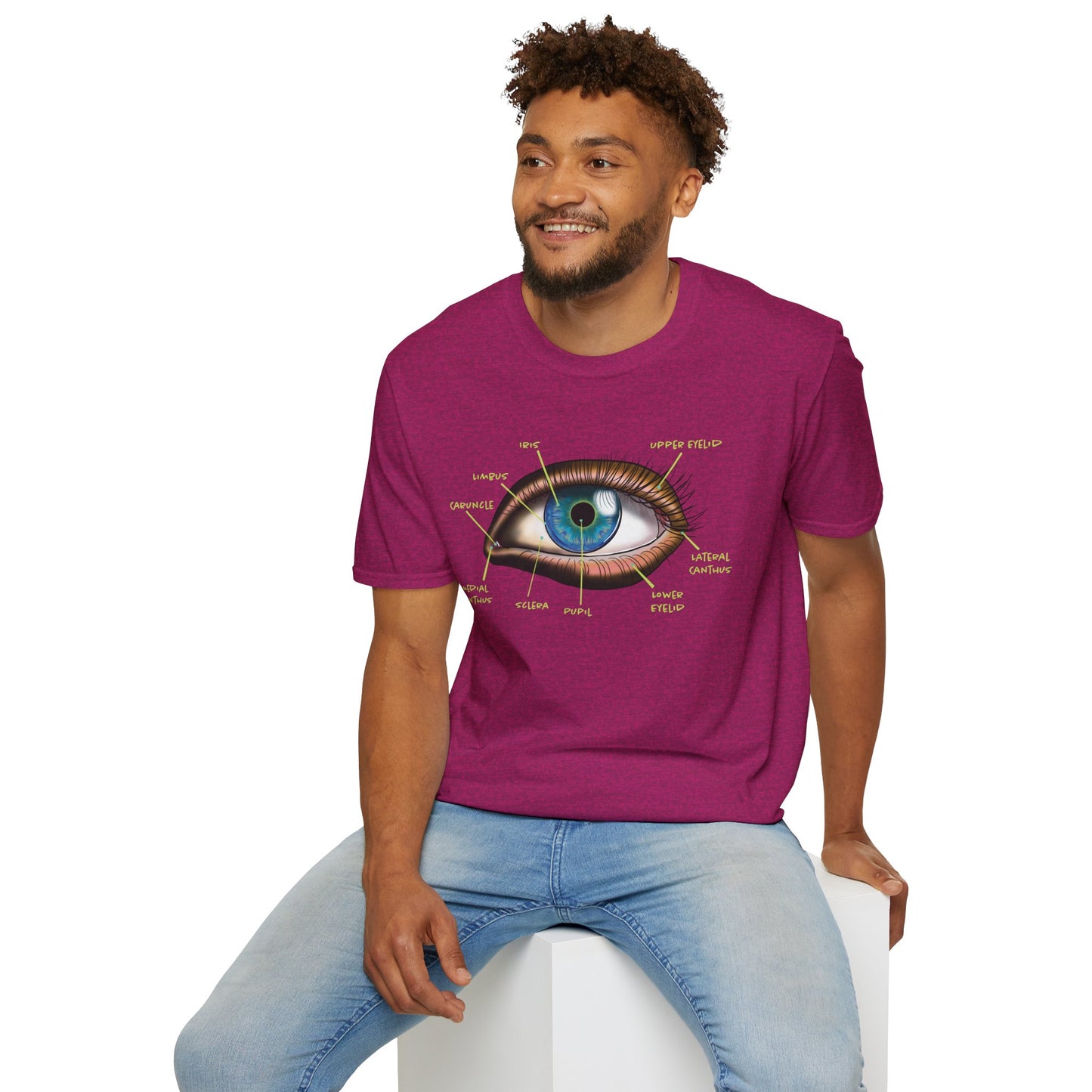 Man wearing a pink t-shirt featuring an anatomical diagram of an eye, with labeled parts of the eye displayed.