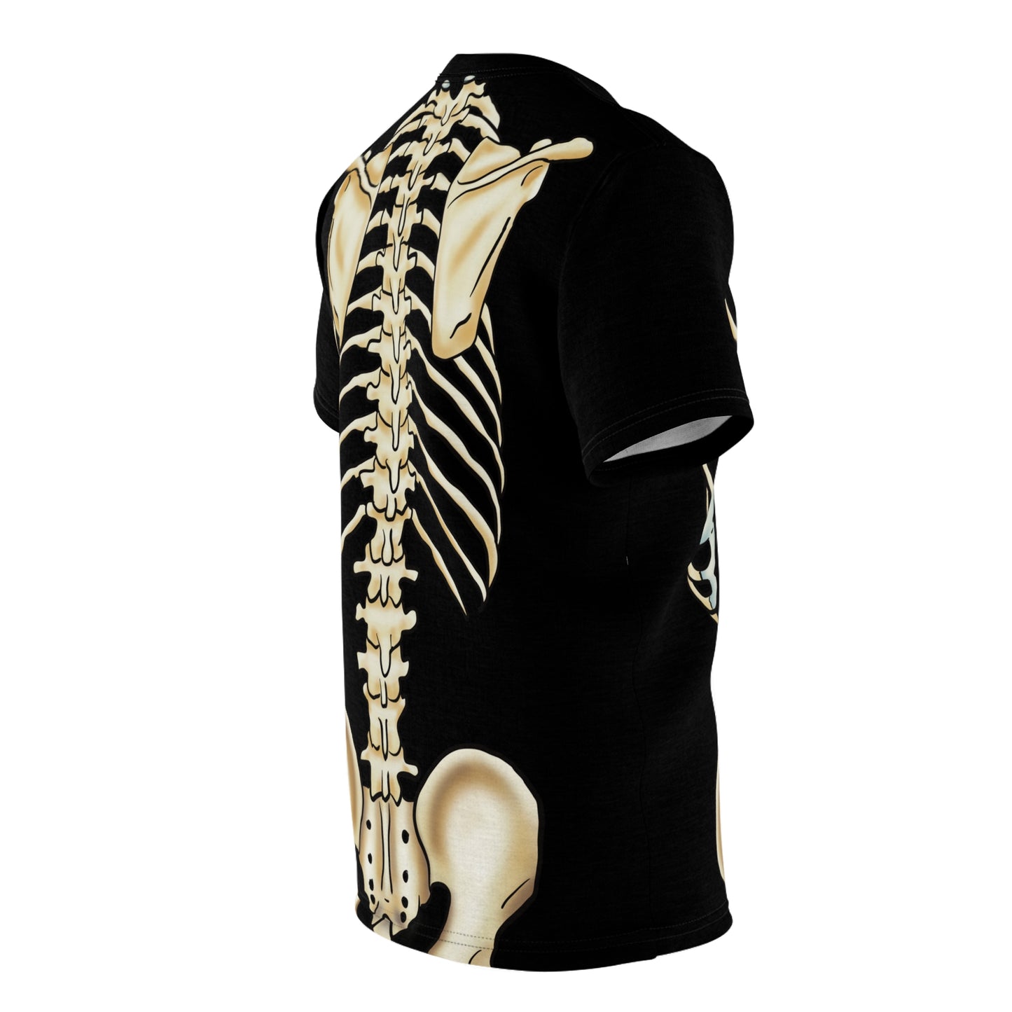 Right side view of a unisex black athletic t-shirt with a detailed anatomical skeleton design that looks like an x-ray—perfect for when you want to flex your muscles and your inner structure.