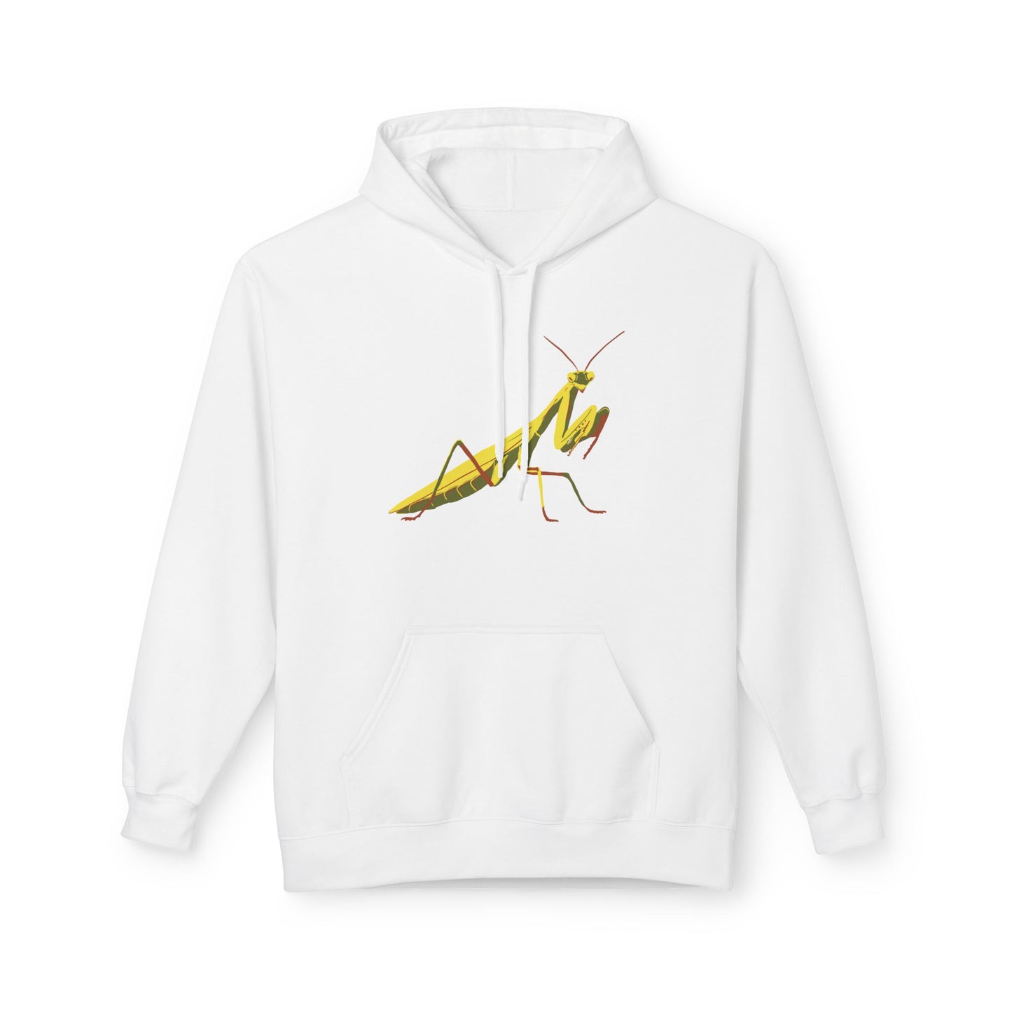 A white unisex pullover hoodie featuring a striking illustration of a yellow and green praying mantis—because sometimes, you need to channel your inner insect warrior while staying cozy.