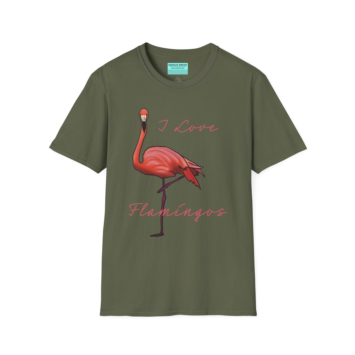 Military green unisex short-sleeve tee with a fabulously pink flamingo strutting its stuff and the words “I love flamingos” — for anyone whose spirit animal stands on one leg.