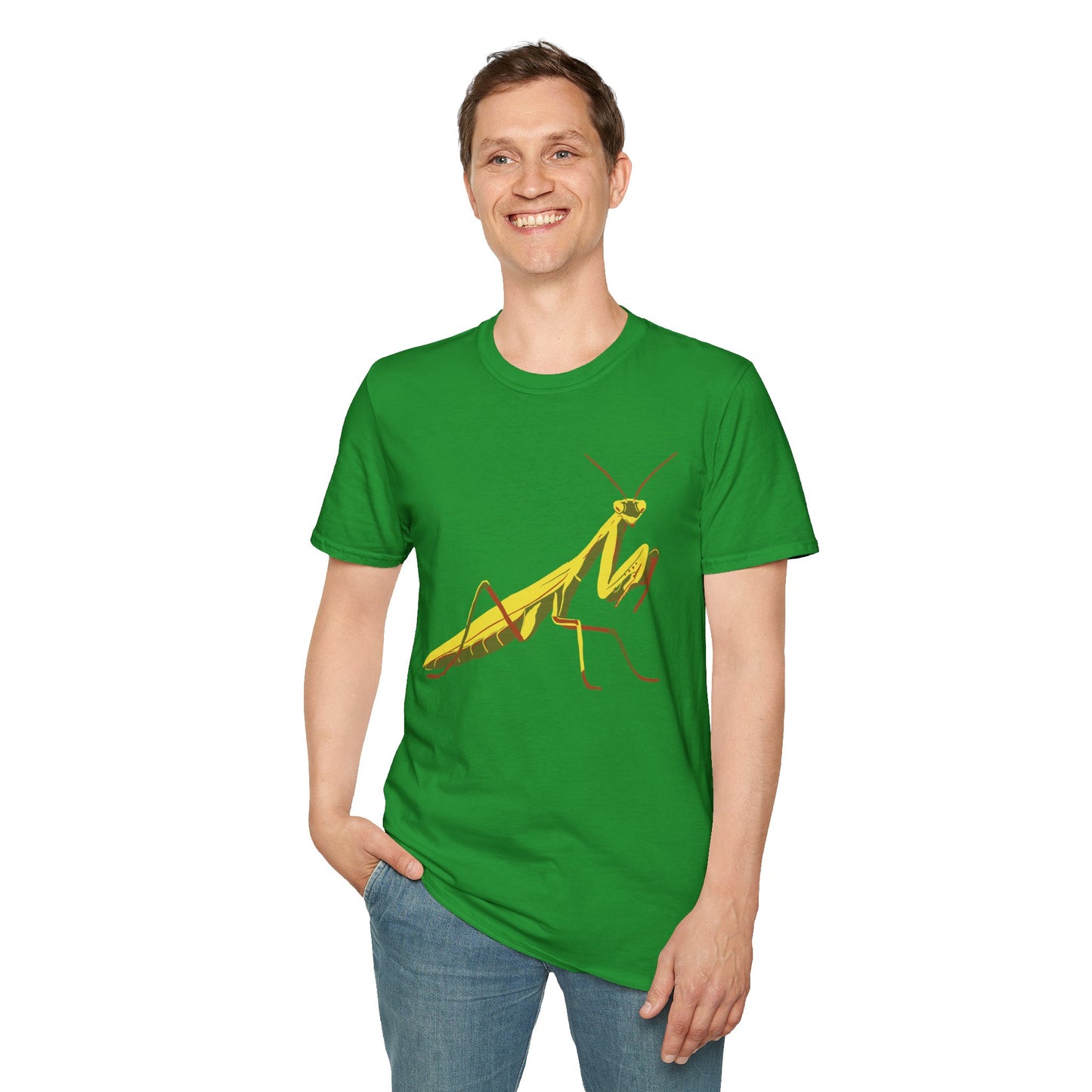 Man wearing a green shirt featuring an illustration of a green praying mantis on the front.