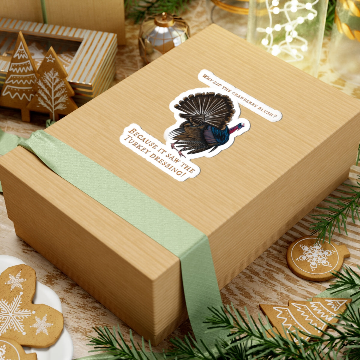 Funny Thanksgiving Turkey Joke Sticker, 'Why Did the Cranberry Blush?', Holiday Party Decor