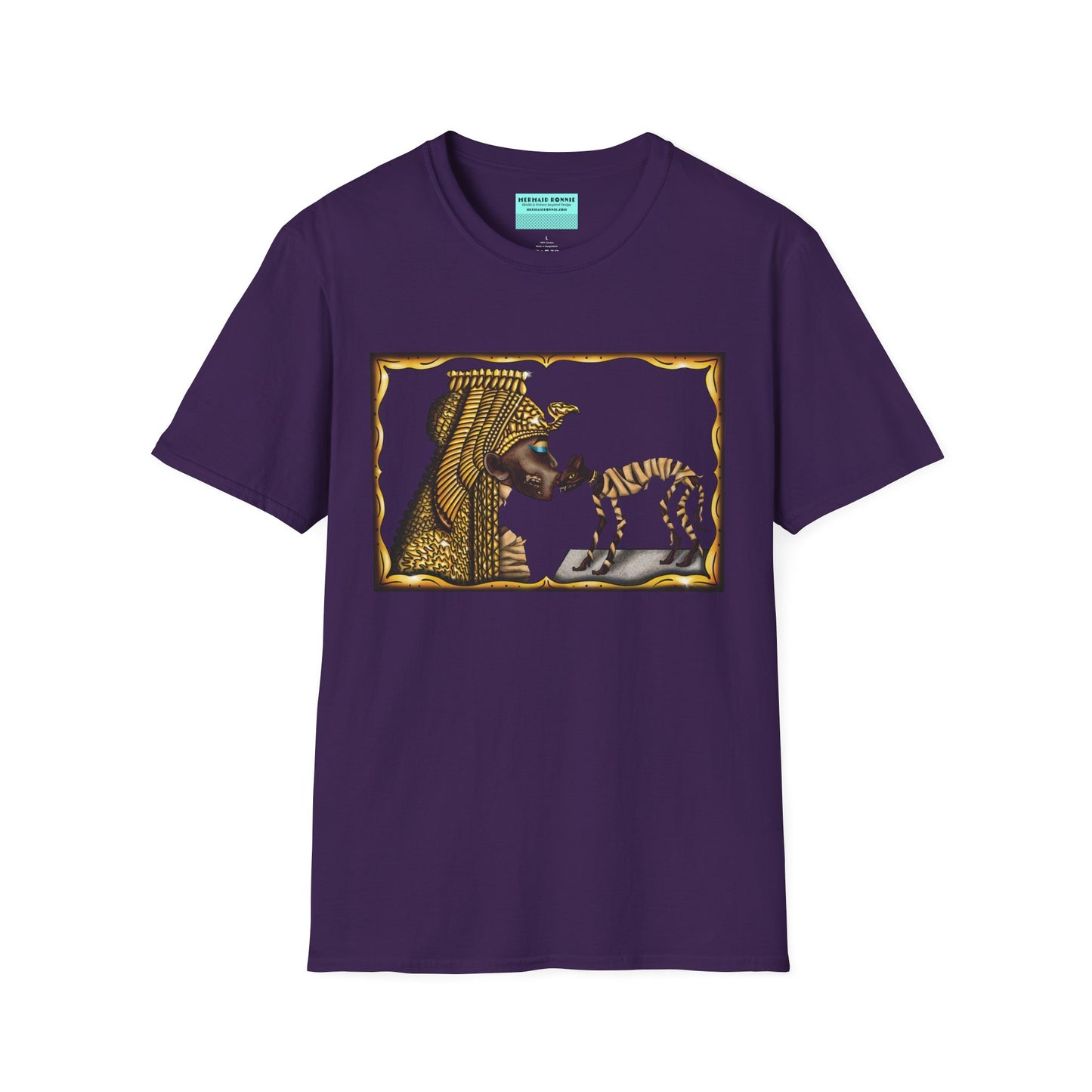 Purple t-shirt featuring an illustration of Cleopatra mummy kissing a cat mummy.