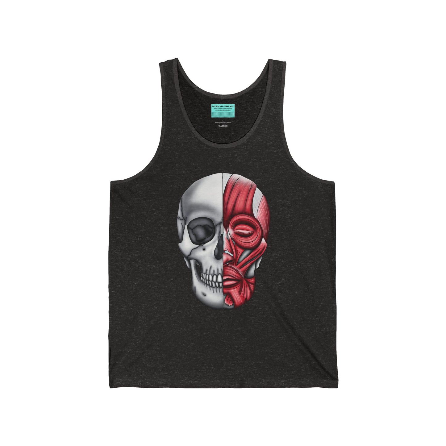 A dark heather grey unisex adult tank top with a detailed anatomical skull, half showing the bones and the other half revealing the facial muscles—because who doesn’t want to wear a little “muscle” with their style?