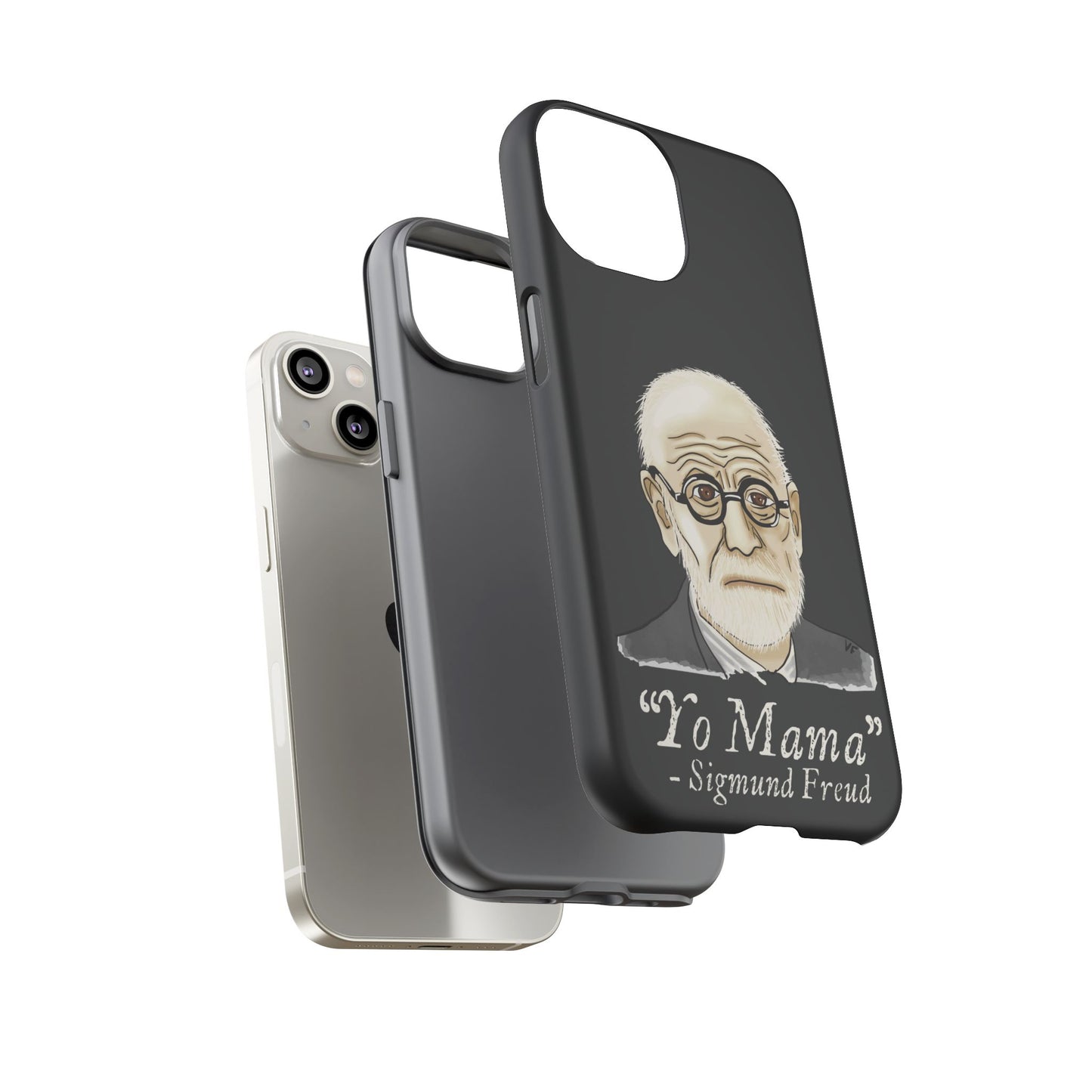 Dark grey phone case featuring a portrait of Sigmund Freud, paired with the cheeky quote “yo mama”—because even the father of psychoanalysis had mommy issues. This picture shows the separate layers of the case.