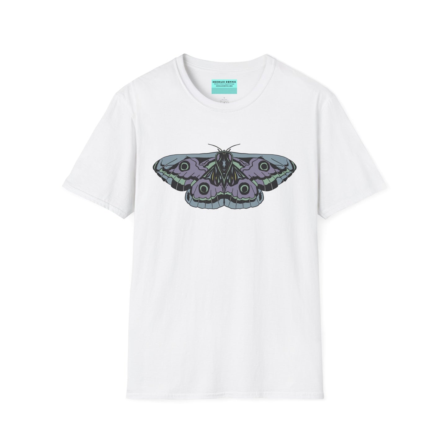 White t-shirt featuring a drawing of a blue and purple moth.