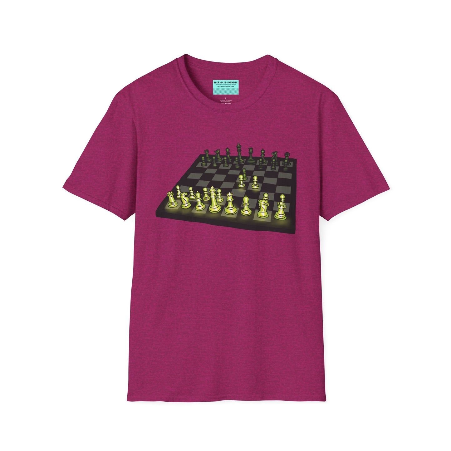 Dark pink unisex short-sleeve t-shirt featuring an electrifying chess board with glowing pieces mid–Queen’s Gambit, because nothing says “checkmate” like opening with flair and a radiant strategy.