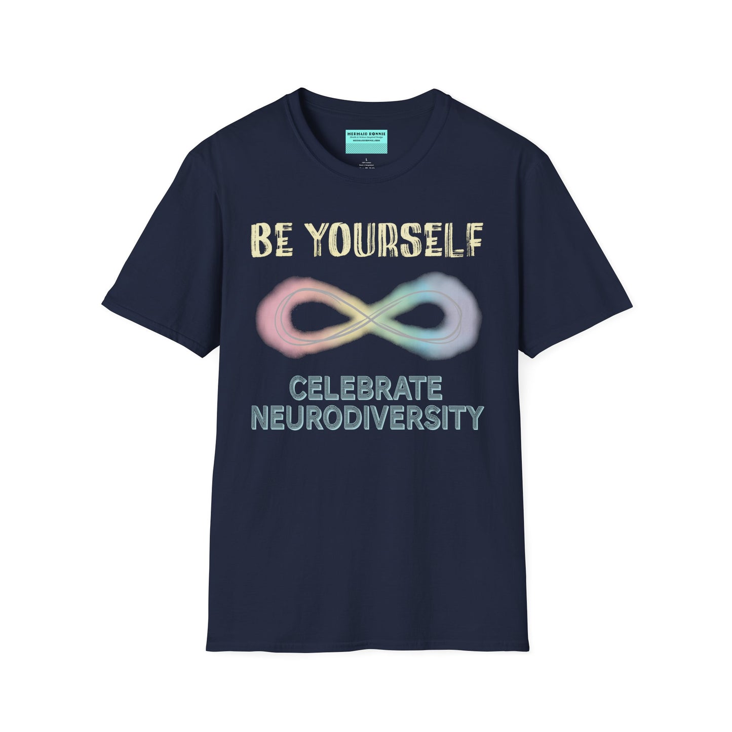 Navy t-shirt featuring a pastel-colored rainbow infinity symbol, with the text 'Be yourself, celebrate neurodiversity'.