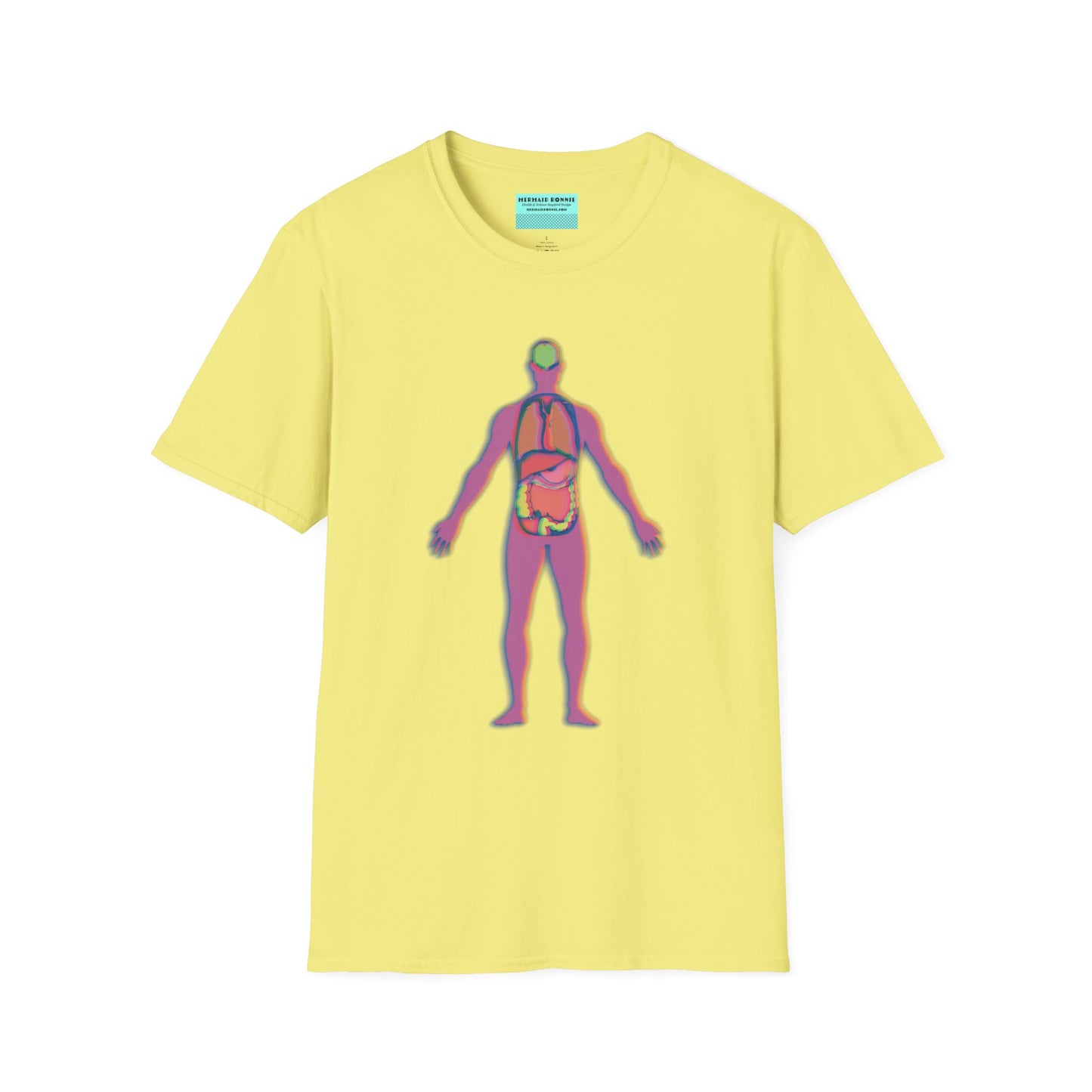 Yellow t-shirt featuring an illustration of an anatomical figure with internal organs shown in different colors.