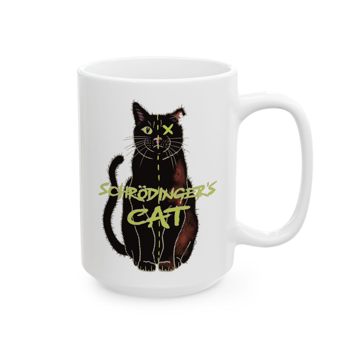 Right view of large white coffee mug featuring a drawing of a black cat that is alive on one half and dead on the other, with the text 'Schrödinger's Cat' printed across the image.