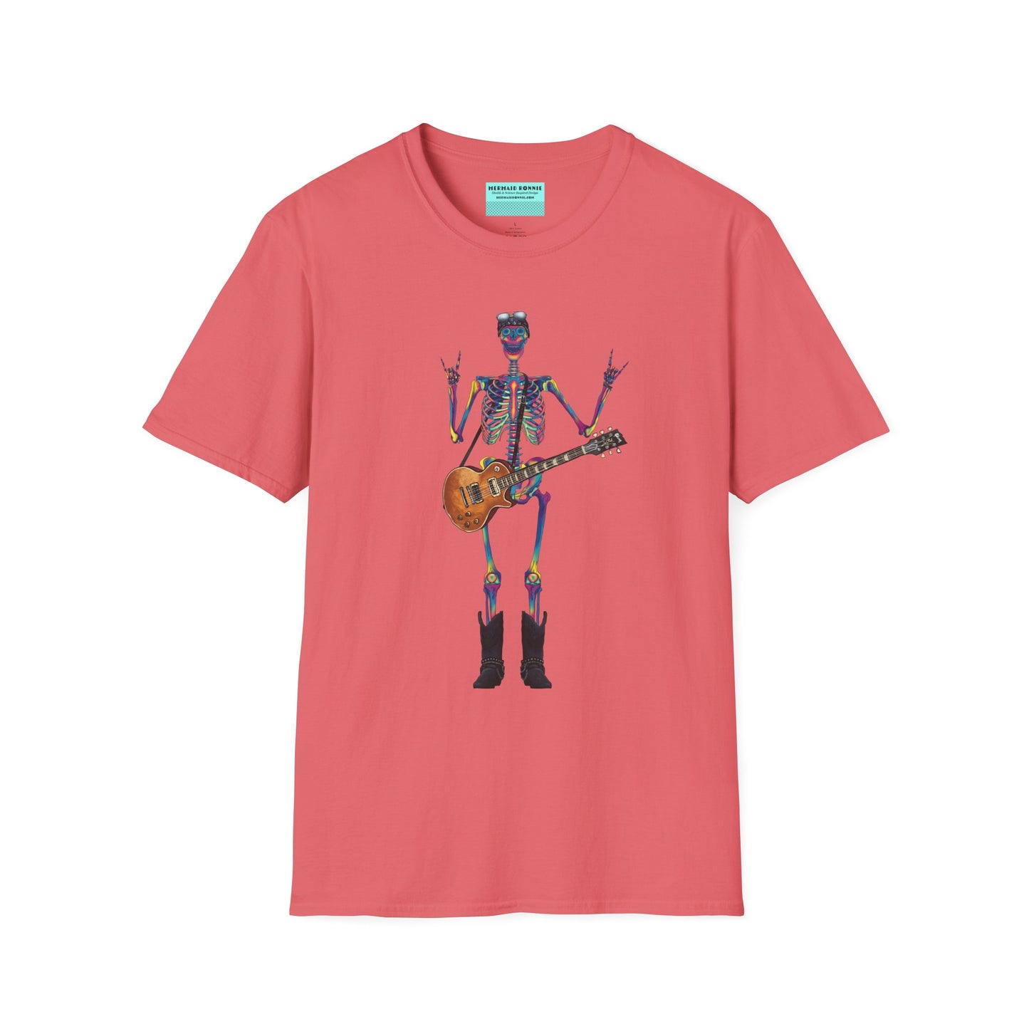 Coral t-shirt featuring a tie-dye skeleton holding a guitar, dressed like a classic rocker with boots, a bandana, and rock-style clothing.
