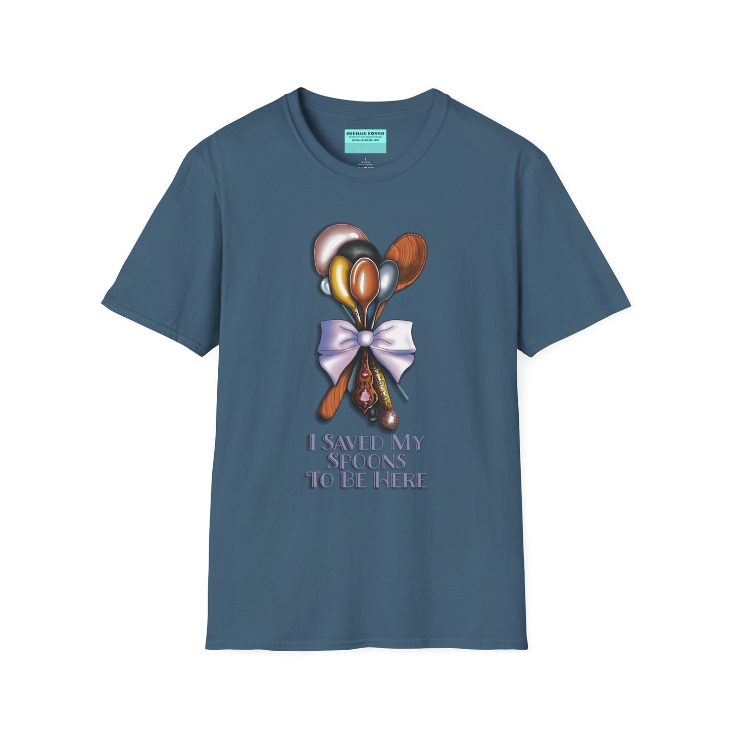 Blue t-shirt with an illustration of a bouquet of spoons and the phrase 'I saved my spoons to be here' printed on the front.