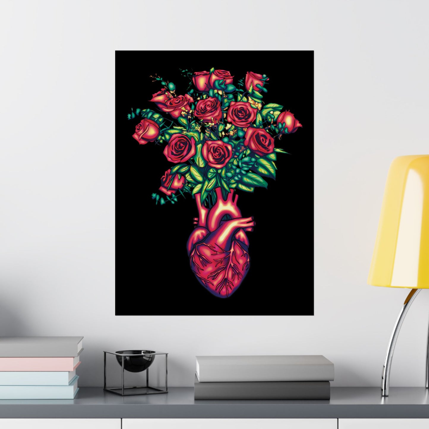 Anatomical Heart with Roses Art Print, Gothic Wall Decor Poster, Black and Red Floral Wall Poster