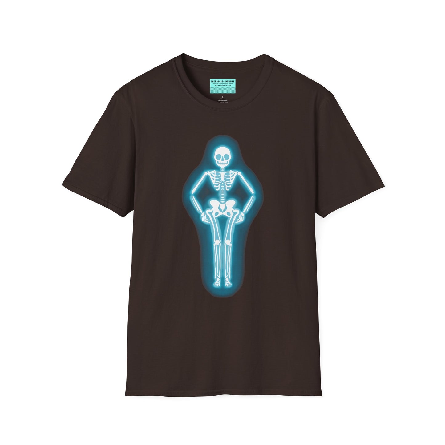 Brown t-shirt featuring an illustration of a glowing neon sign in the shape of a skeleton.
