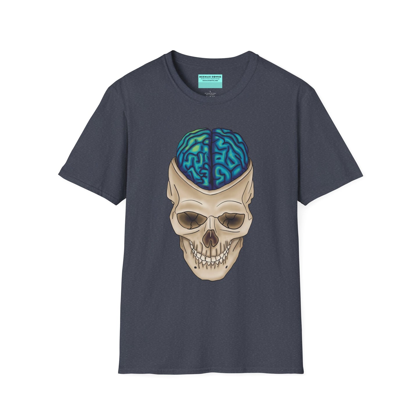 Dark grey t-shirt featuring a drawing of an anatomical skull, with a brain emerging from the top.