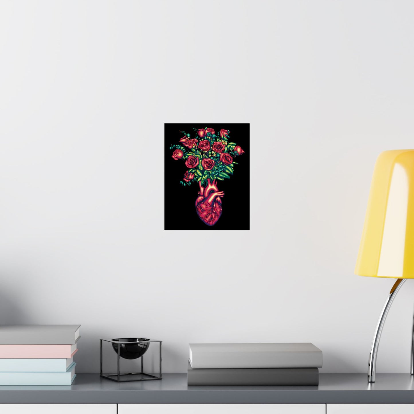 Anatomical Heart with Roses Art Print, Gothic Wall Decor Poster, Black and Red Floral Wall Poster