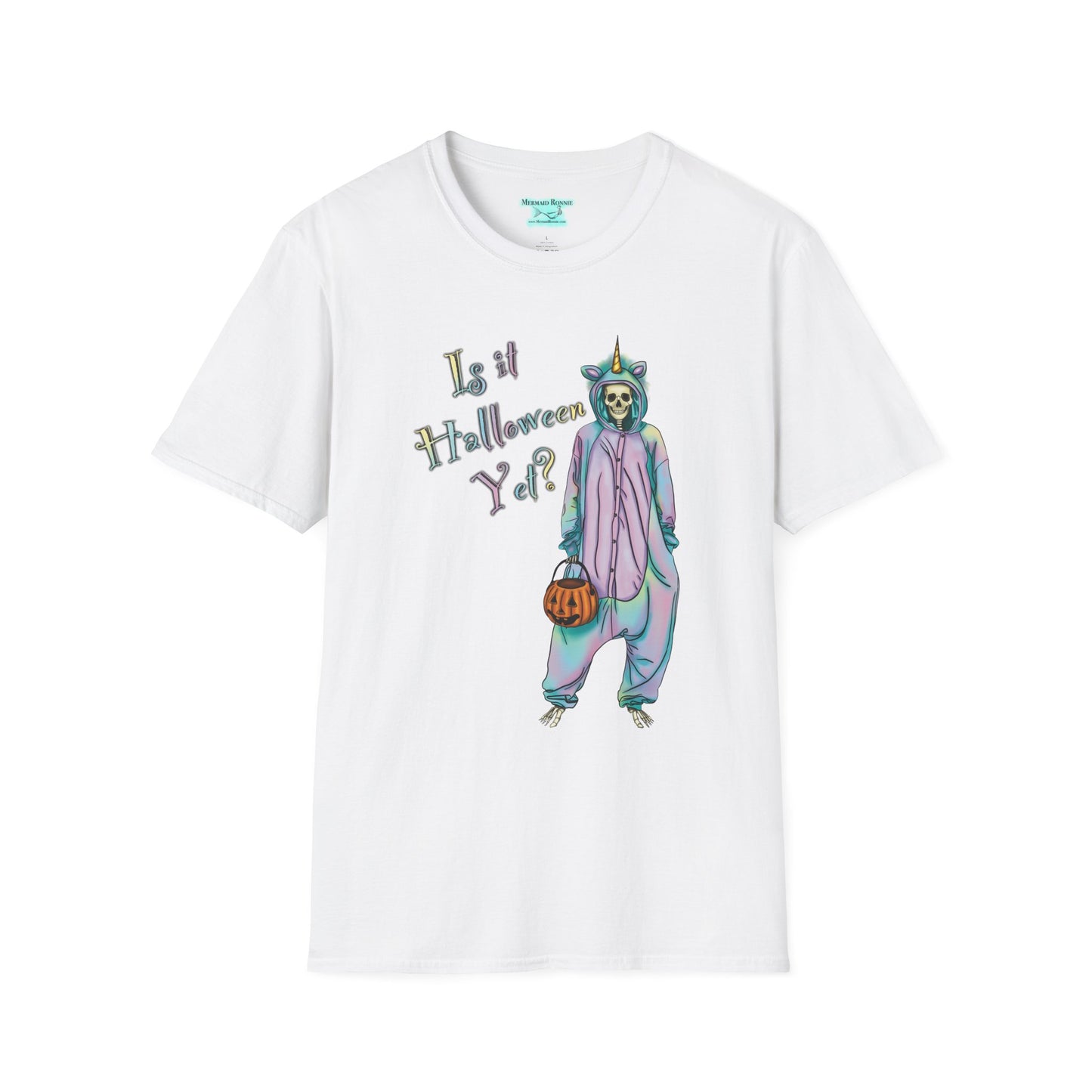 Halloween Skeleton T-Shirt, Pastel ‘Is it Halloween yet?’ Tee, Whimsical Unicorn Costume Design