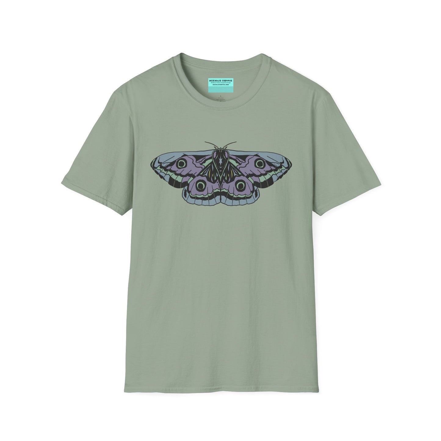Sage green t-shirt featuring a drawing of a blue and purple moth.
