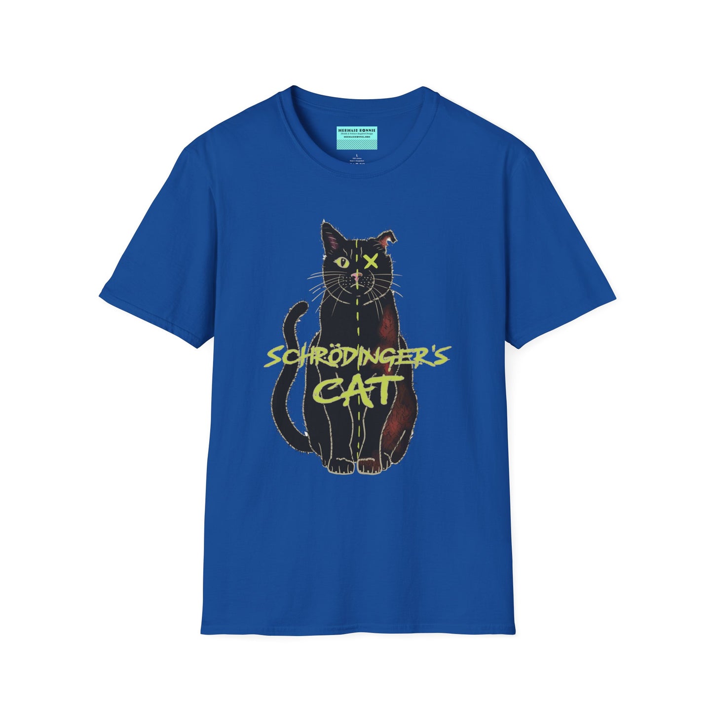 Royal blue unisex short-sleeve tee featuring the infamous Schrödinger’s cat—half-alive, half-dead, and fully committed to quantum confusion. The feline paradox lounges proudly beneath the words "Schrödinger's Cat," because science jokes are both alive and kicking and six feet under.