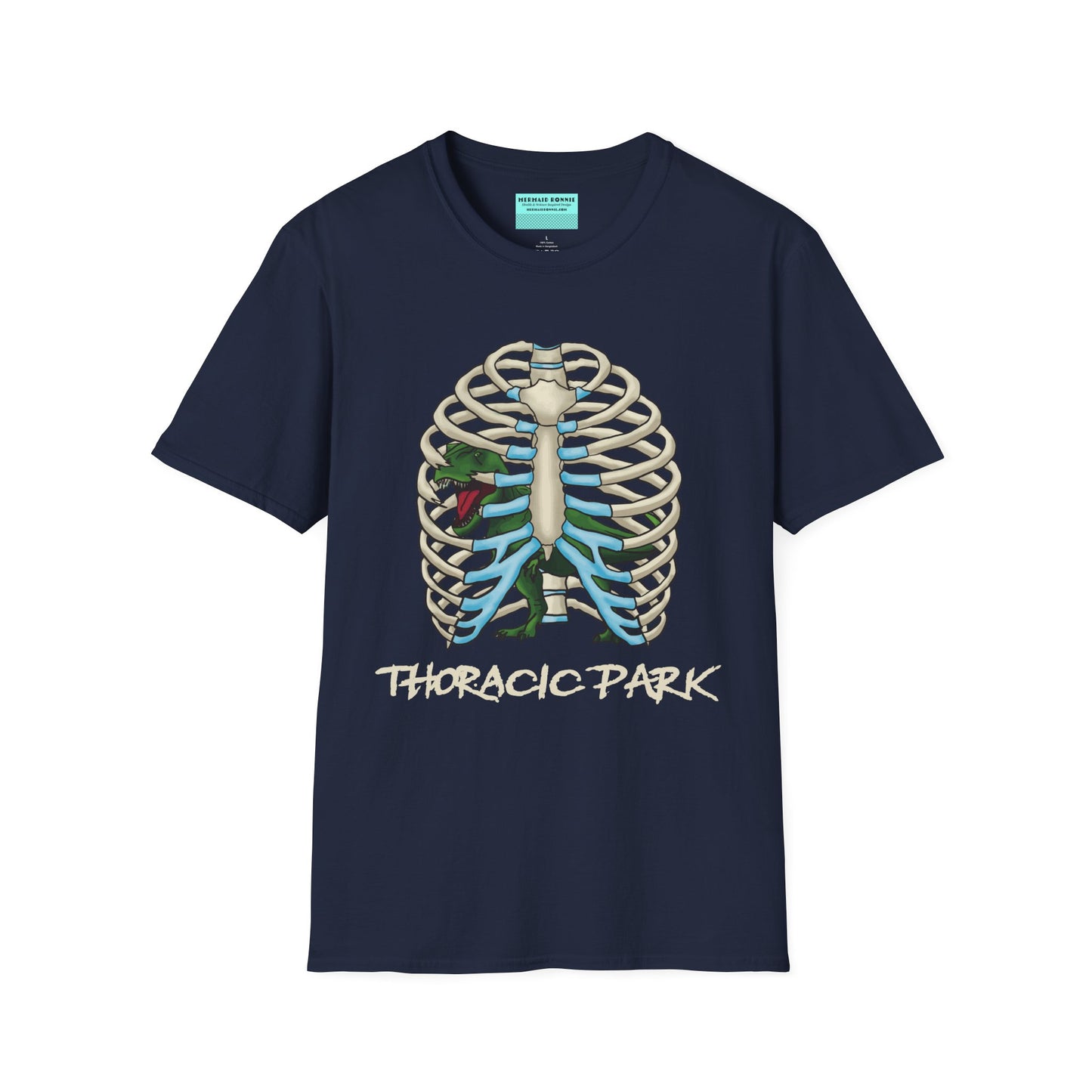Navy unisex short sleeve tee with a clever Jurassic twist—an anatomical rib cage doubles as a prehistoric prison for a tiny T-Rex, with the punny caption "Thoracic Park" below. It's dino-mite meets anatomy class in the best way possible.