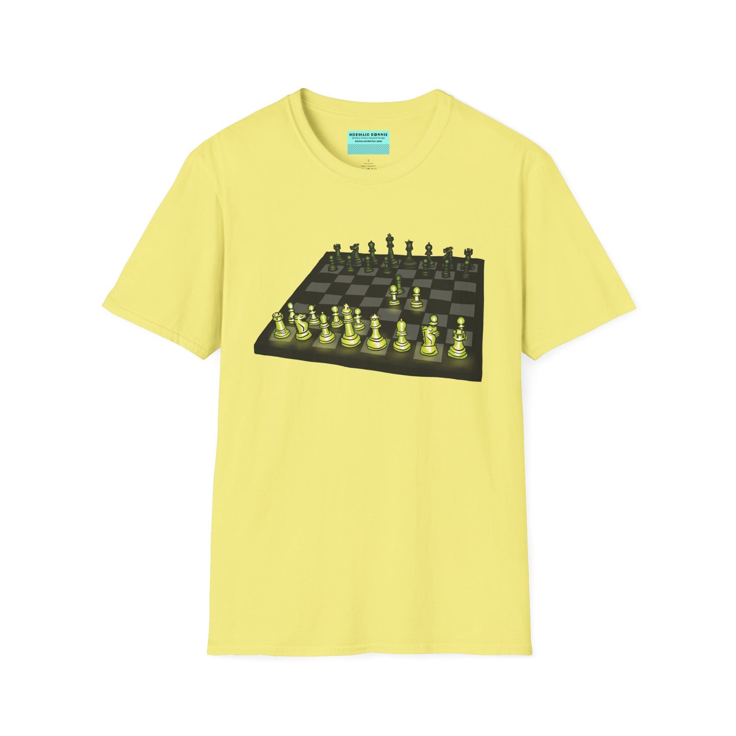 Yellow unisex short-sleeve t-shirt featuring an electrifying chess board with glowing pieces mid–Queen’s Gambit, because nothing says “checkmate” like opening with flair and a radiant strategy.