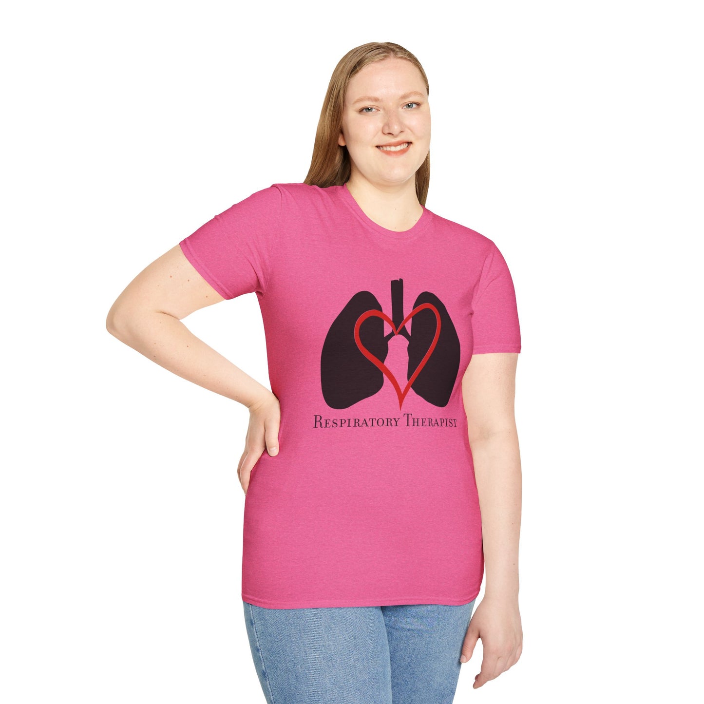 Woman wearing a pink unisex short sleeve t-shirt with a graphic illustration of a heart and lungs; the words "respiratory therapist" are printed below the design.