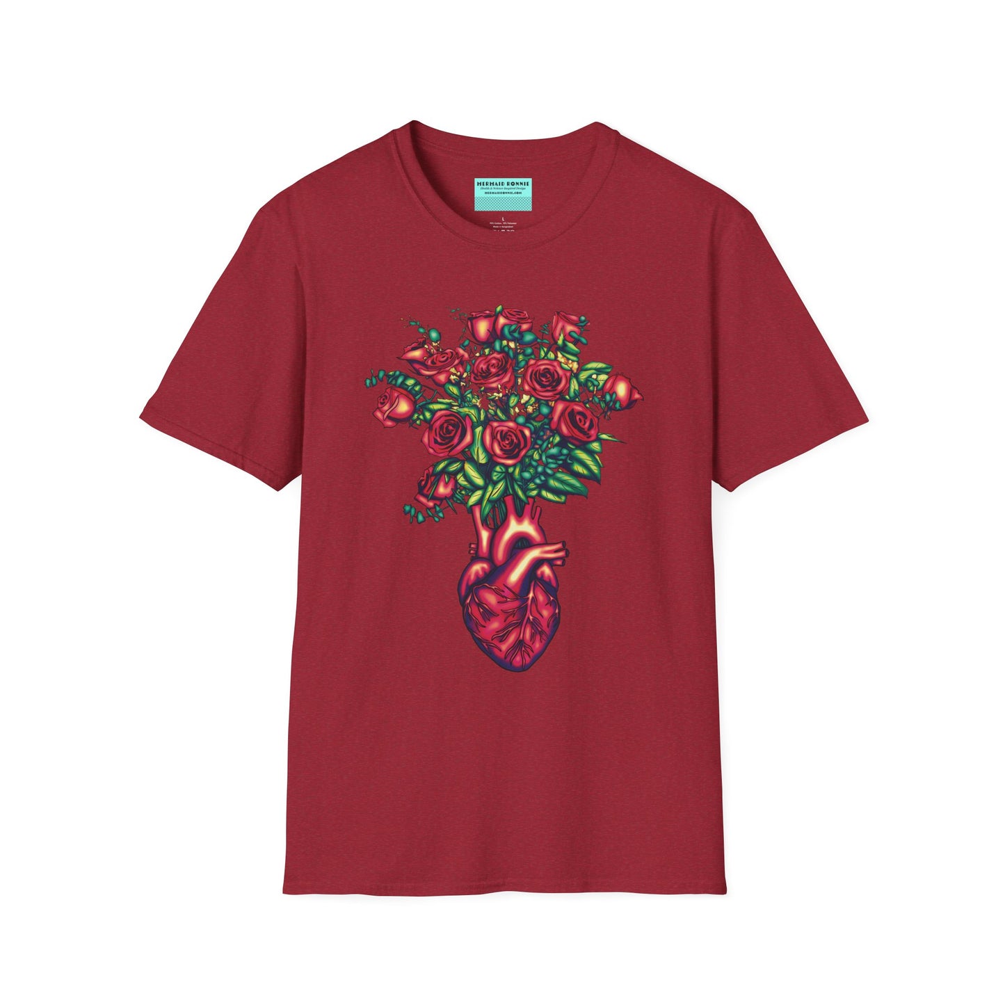 Red shirt featuring an illustration of an anatomical heart used as a vase, with a bouquet of roses emerging from it.