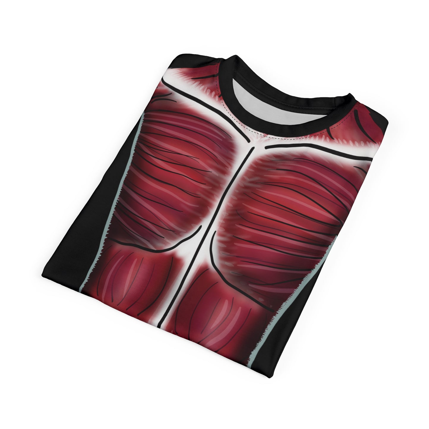 Folded unisex black athletic t-shirt featuring a clever graphic of a zippered hoodie peeled open to reveal detailed trunk musculature underneath—because who needs X-ray vision when your shirt does the flexing for you?