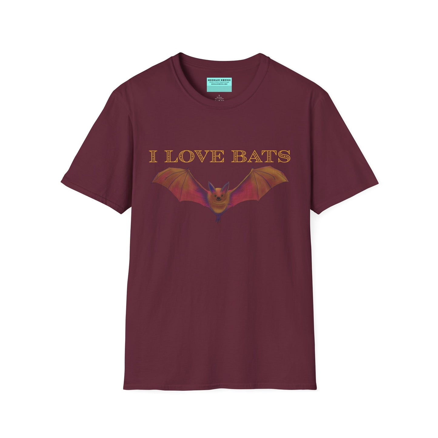 Burgundy t-shirt featuring an irresistibly adorable brown bat with outstretched wings across the chest and the text “I love bats” — perfect for anyone who’s batty about flying mammals.
