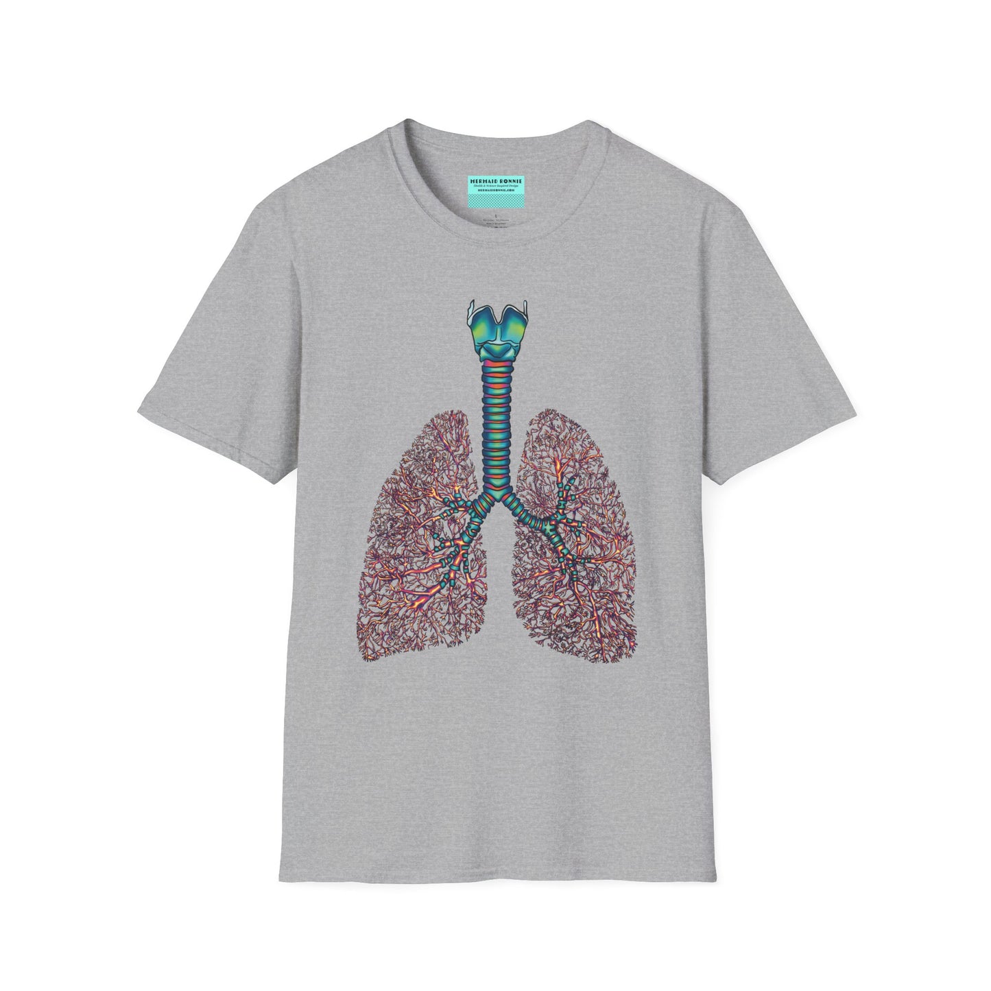 Grey t-shirt featuring an illustration of anatomical lungs, including the bronchi, trachea, and larynx.