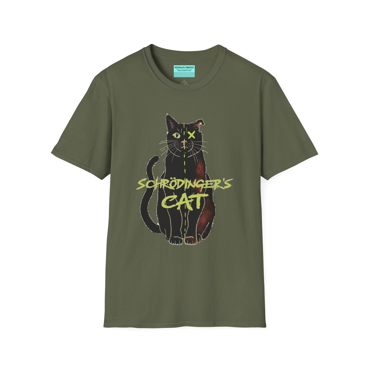 Military green unisex short-sleeve tee featuring the infamous Schrödinger’s cat—half-alive, half-dead, and fully committed to quantum confusion. The feline paradox lounges proudly beneath the words "Schrödinger's Cat," because science jokes are both alive and kicking and six feet under.