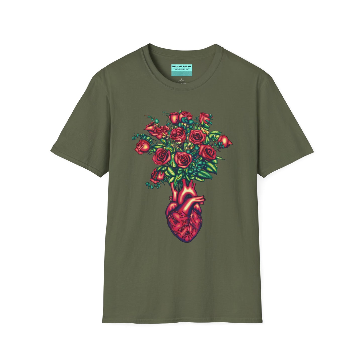 Military green shirt featuring an illustration of an anatomical heart used as a vase, with a bouquet of roses emerging from it.