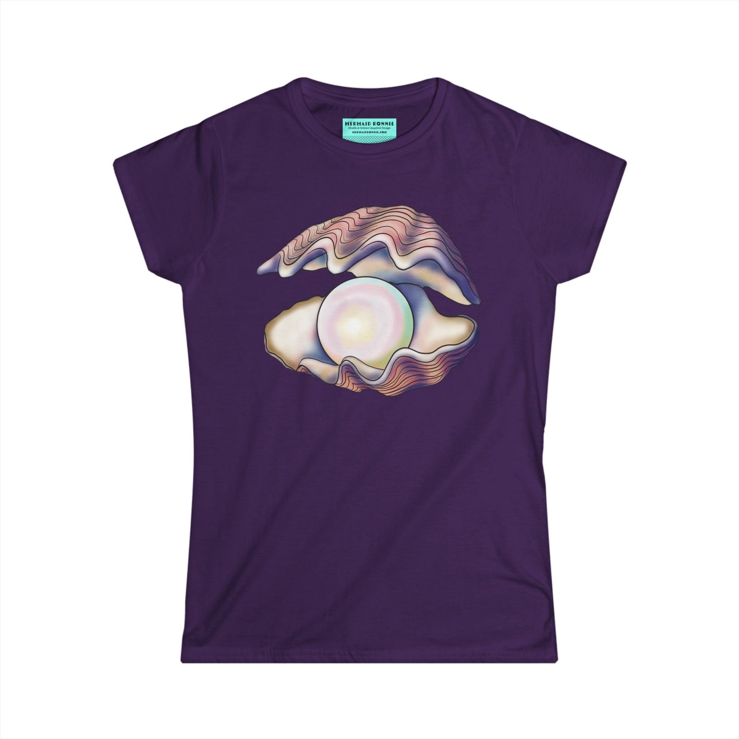 Women’s t-shirt in dark purple featuring an illustration of an open oyster with a large iridescent pearl inside.