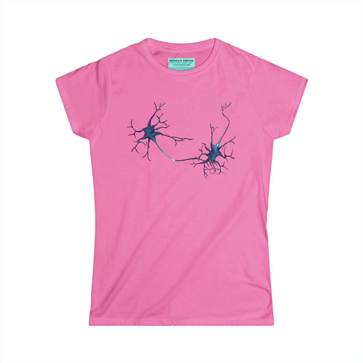Women’s t-shirt in pink featuring an illustration of two multipolar neurons forming a synapse.