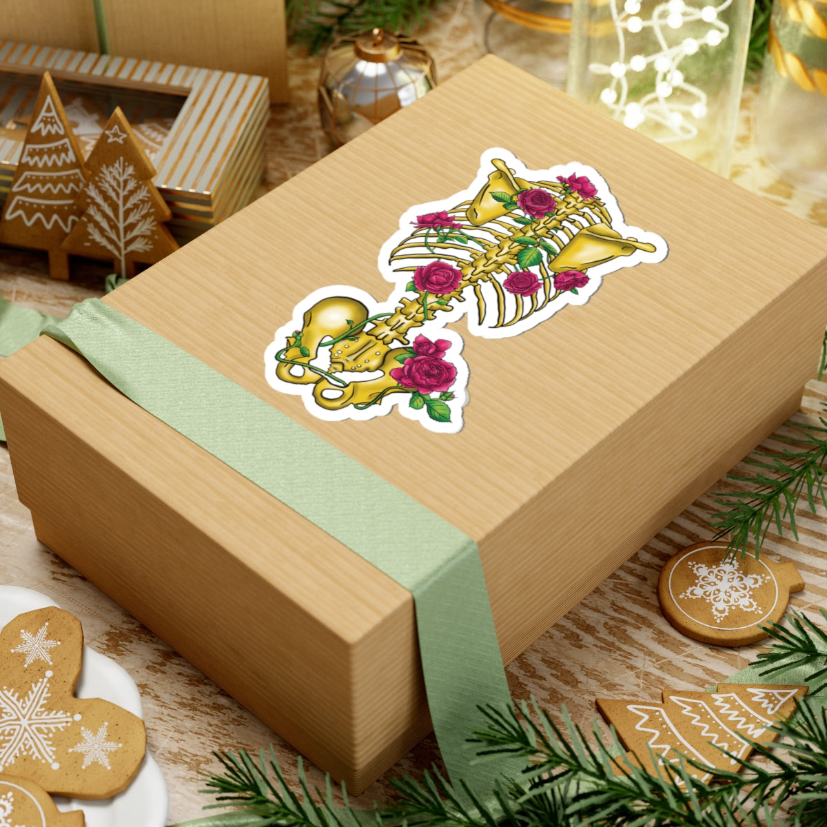 Gold Skeleton with Pink Roses Sticker, Gothic Skeleton Vinyl Decal, Skeletal Anatomy Sticker