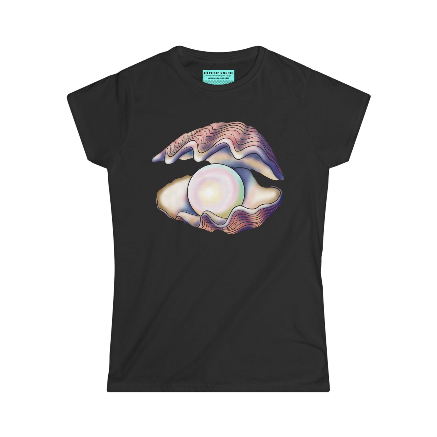 Women’s t-shirt in black featuring an illustration of an open oyster with a large iridescent pearl inside.
