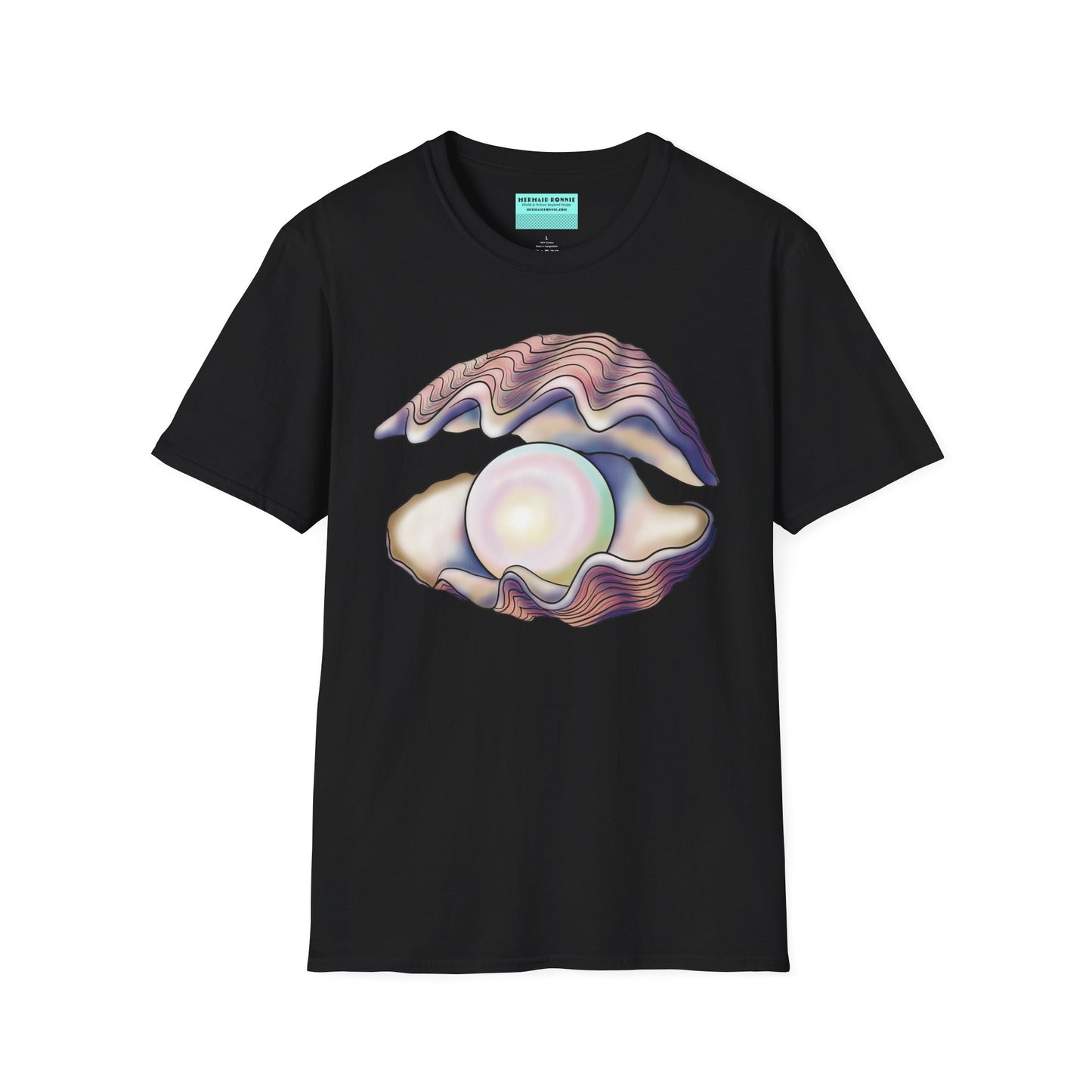 Black t-shirt featuring an illustration of a large oyster with a luminescent pearl inside.