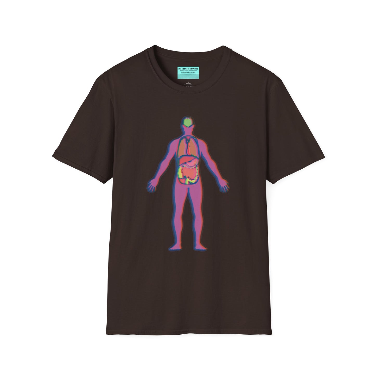 Brown t-shirt featuring an illustration of an anatomical figure with internal organs shown in different colors.