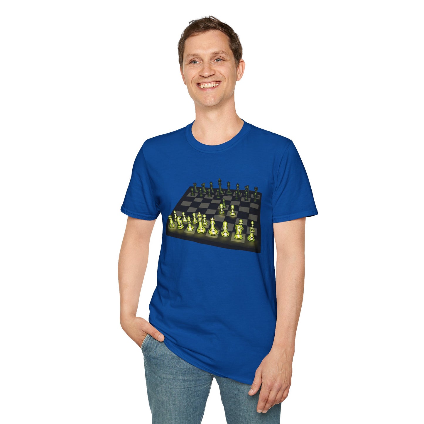 Man wearing a royal blue unisex short-sleeve t-shirt featuring an electrifying chess board with glowing pieces mid–Queen’s Gambit, because nothing says “checkmate” like opening with flair and a radiant strategy.