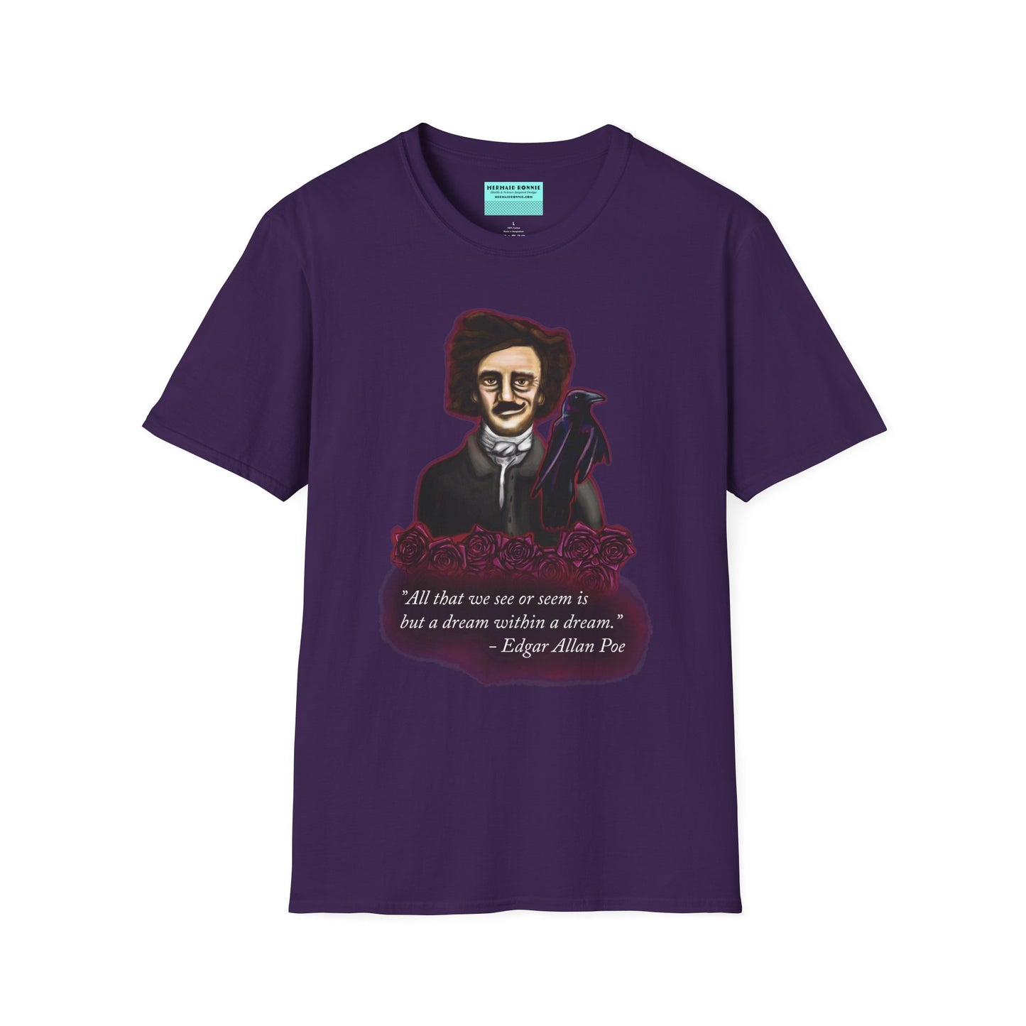 Purple t-shirt featuring a drawing of Edgar Allan Poe with a raven perched nearby and red roses surrounding them, along with the quote 'All that we see or seem is but a dream within a dream.'