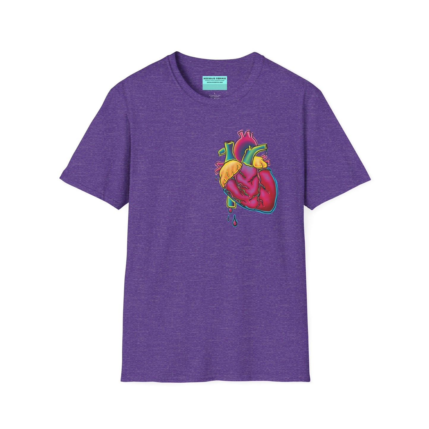 Purple unisex short sleeve t-shirt featuring a bold neon anatomical heart front and off-center, complete with dripping blood vessels—because nothing says “wear your heart on your sleeve” like wearing it smack on your chest in highlighter tones.