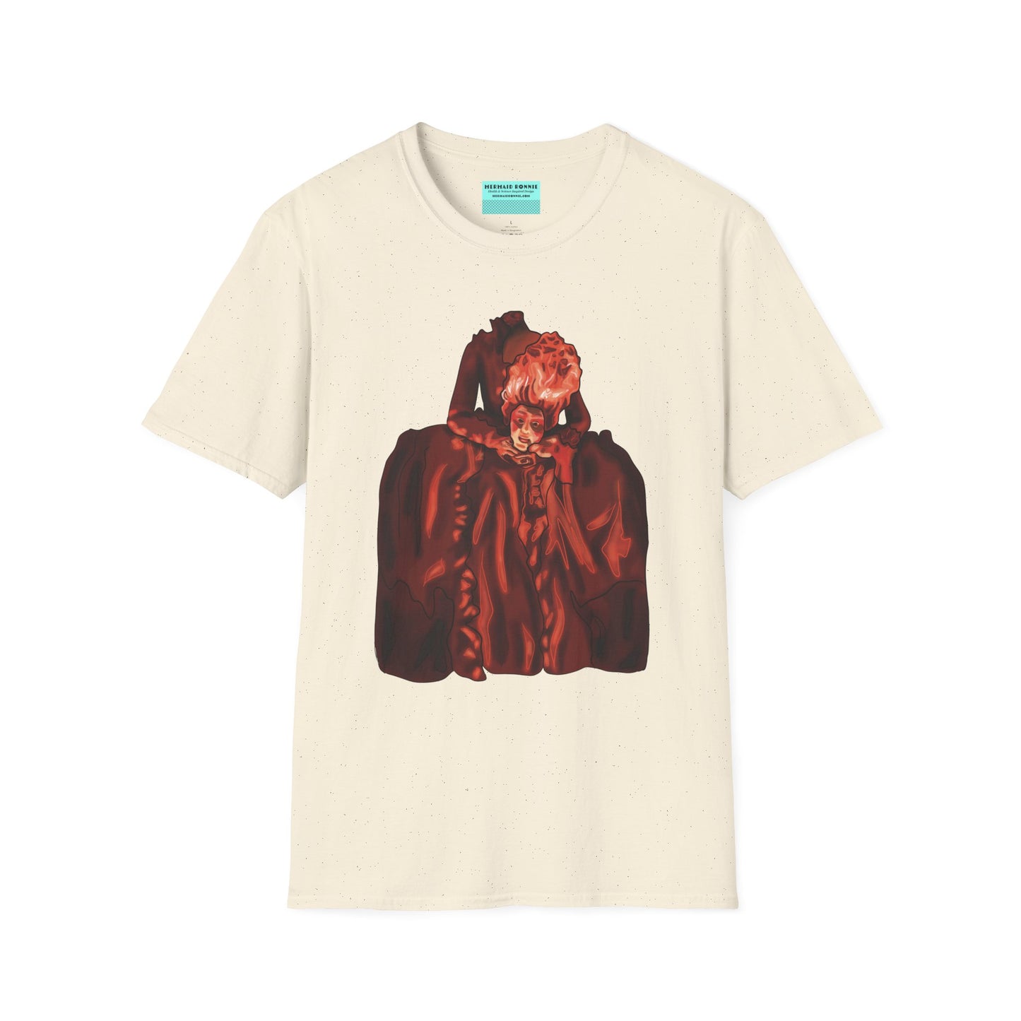 Beige t-shirt featuring an illustration of a headless Marie Antoinette holding her own head in her hands.