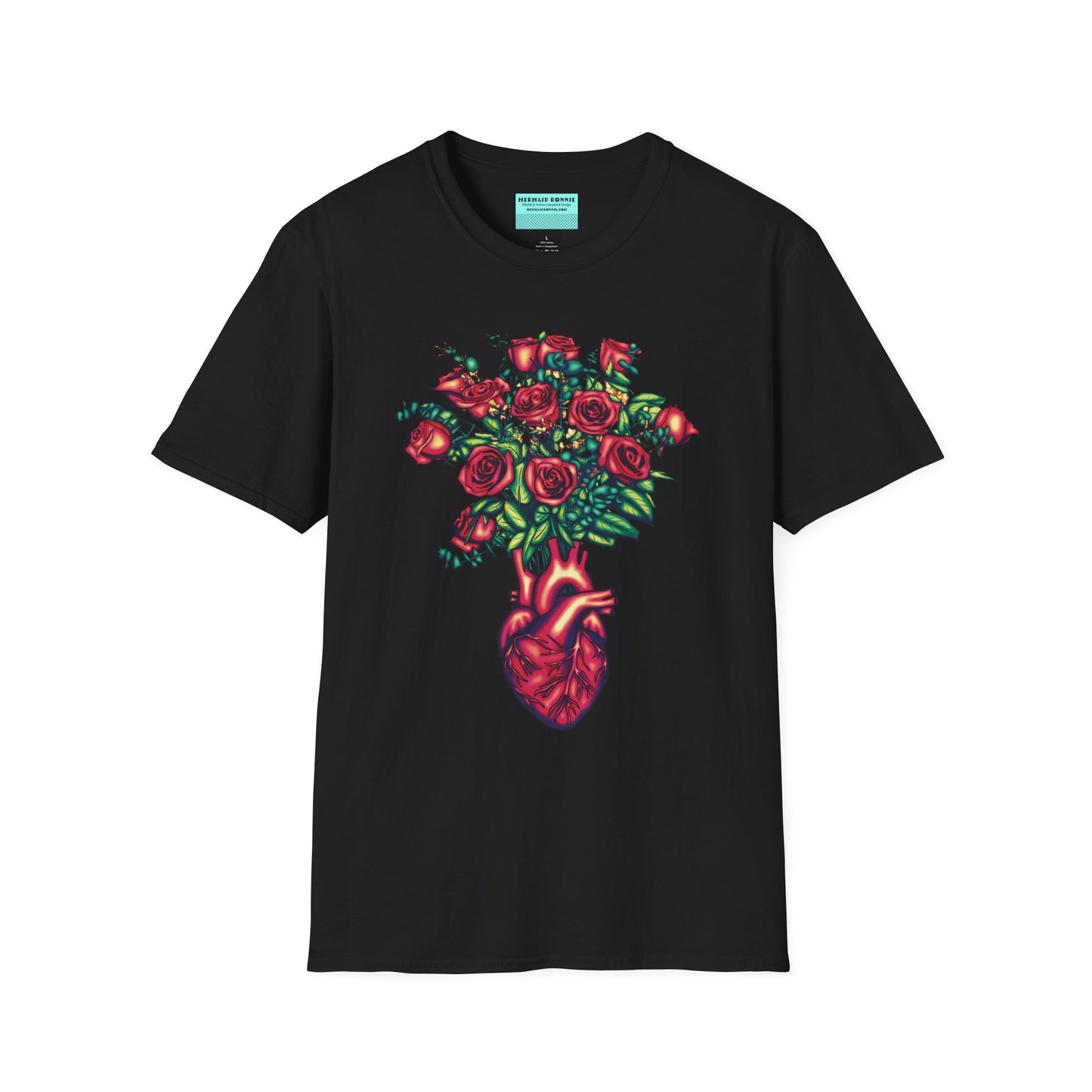 Black shirt featuring an illustration of an anatomical heart used as a vase, with a bouquet of roses emerging from it.