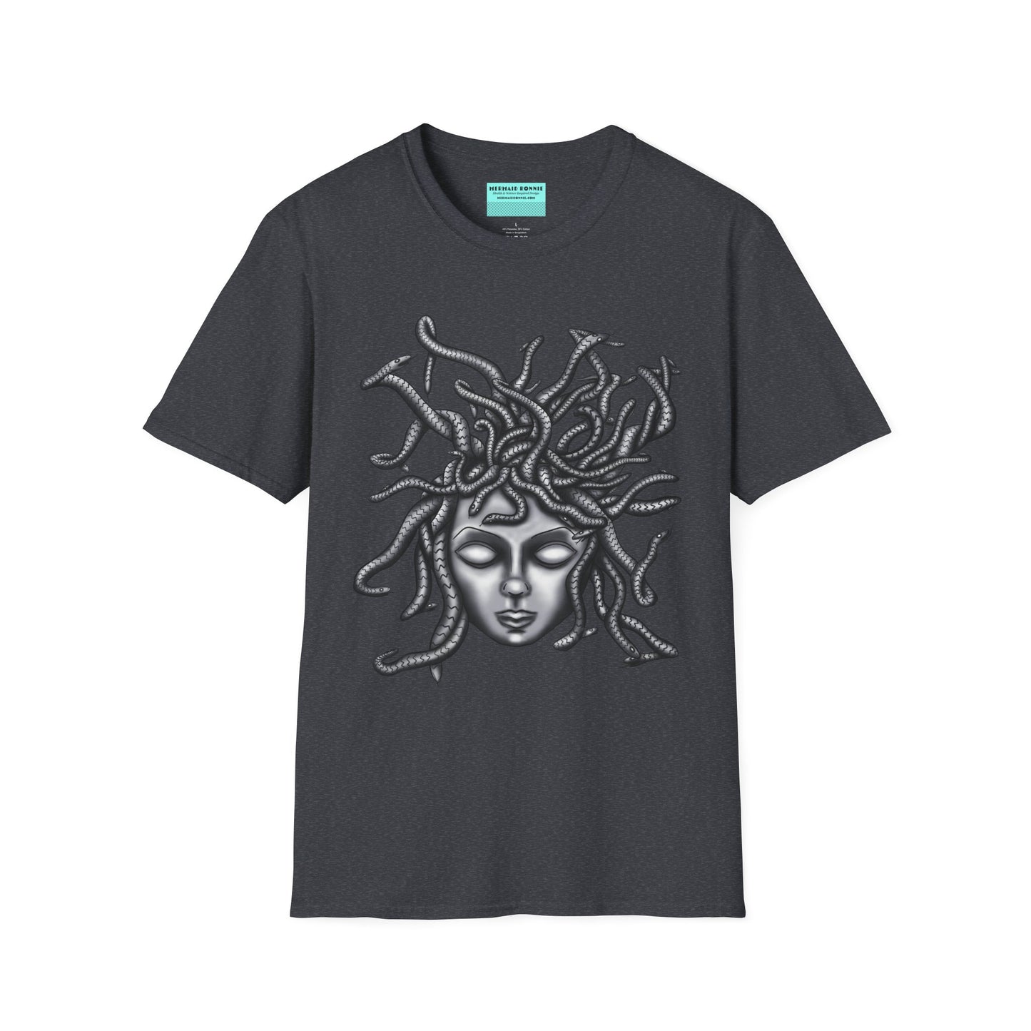Dark grey t-shirt featuring a grayscale drawing of Medusa.