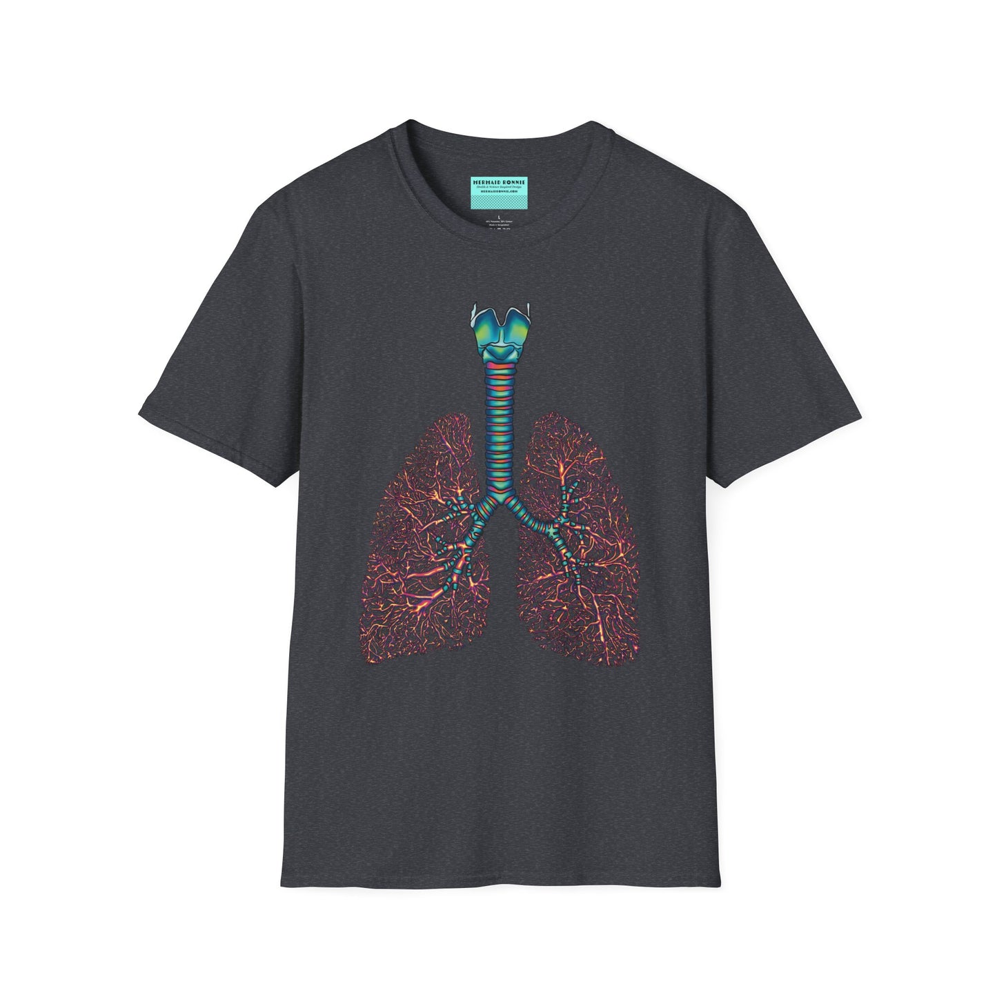 Dark grey t-shirt featuring an illustration of anatomical lungs, including the bronchi, trachea, and larynx.