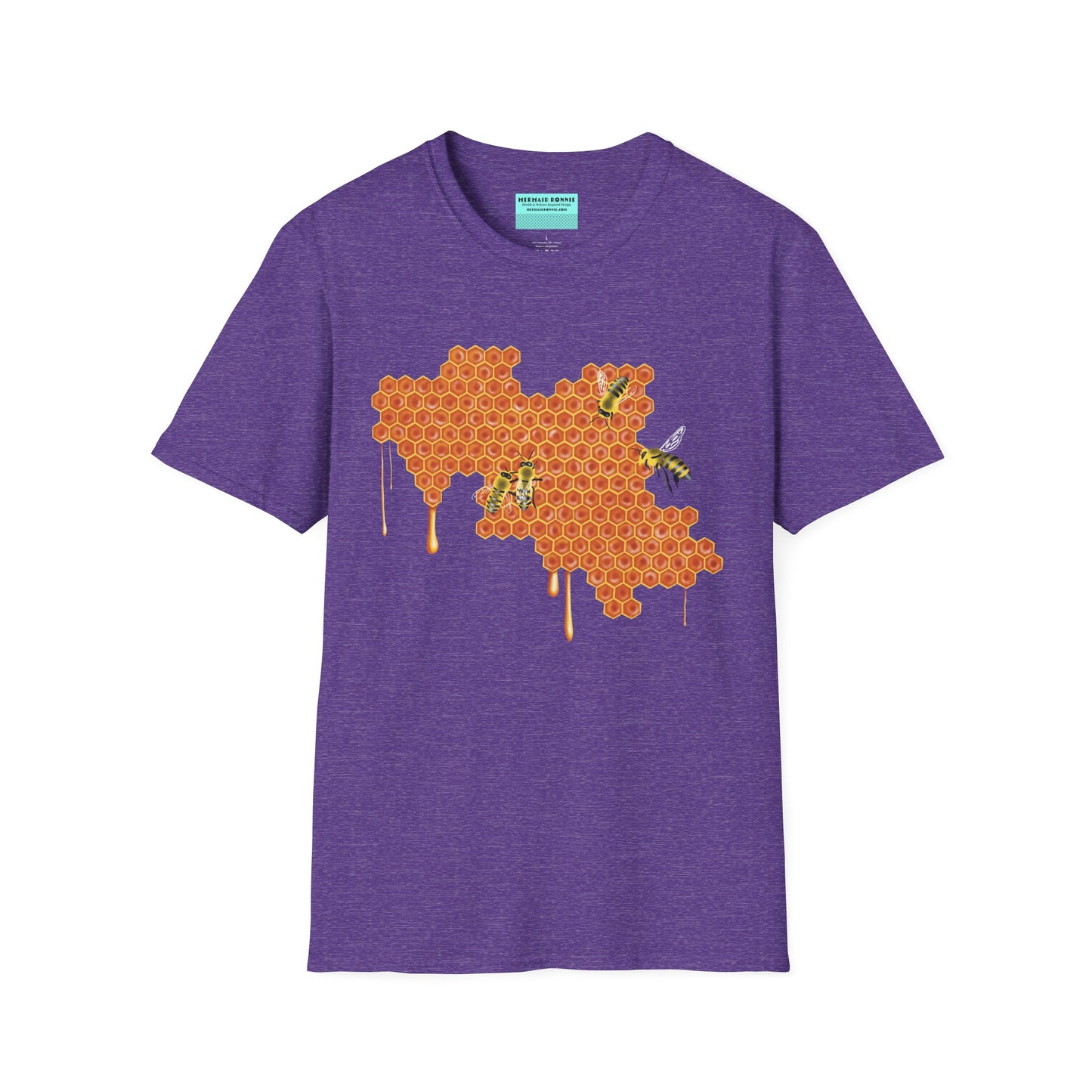 Purple t-shirt featuring a picture of honeybees buzzing around a large piece of honeycomb with honey dripping down from it.