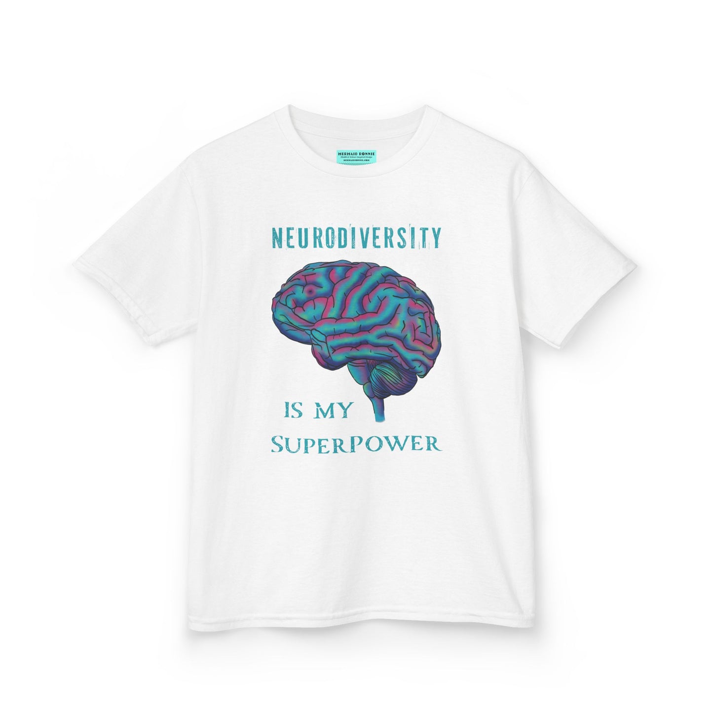 White unisex kids' t-shirt featuring a drawing of an anatomical brain and the text 'Neurodiversity is my superpower.'