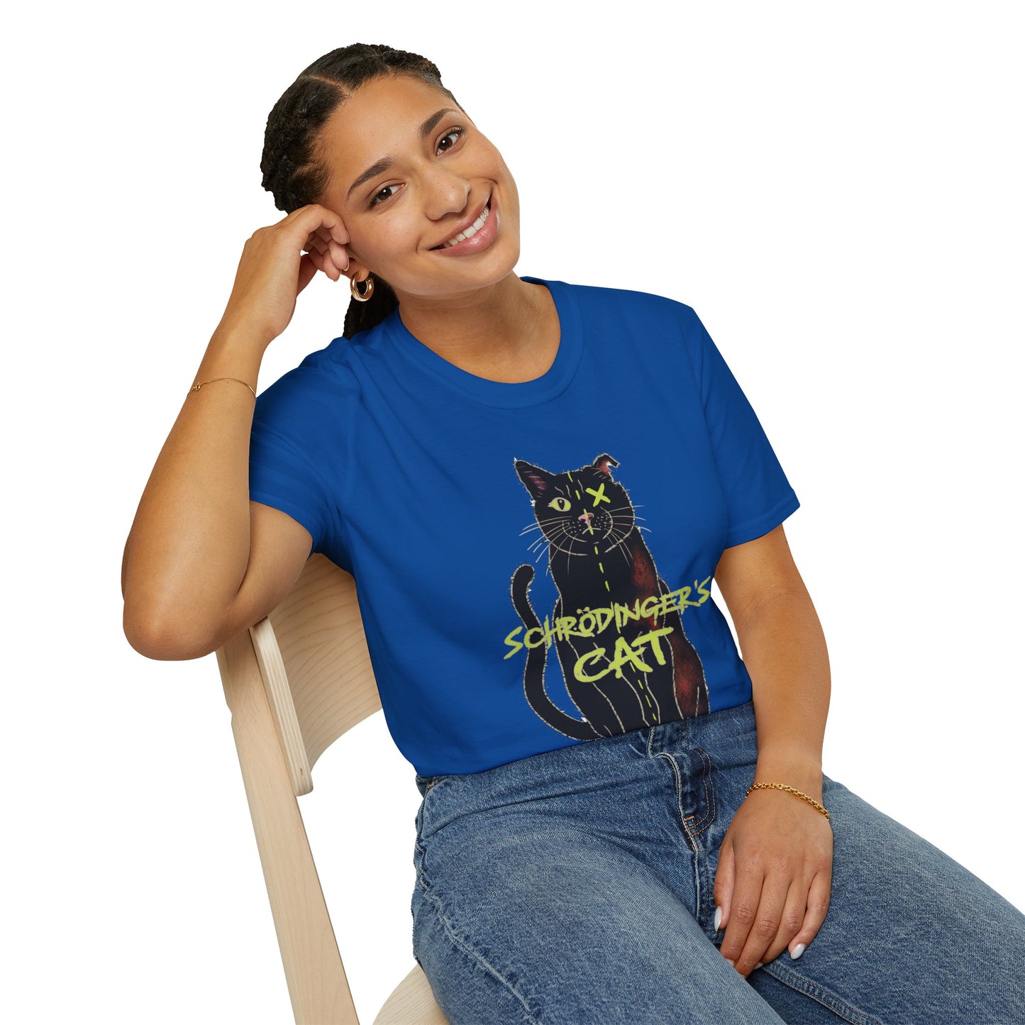 Woman wearing a royal blue unisex short-sleeve tee featuring the infamous Schrödinger’s cat—half-alive, half-dead, and fully committed to quantum confusion. The feline paradox lounges proudly beneath the words "Schrödinger's Cat," because science jokes are both alive and kicking and six feet under.