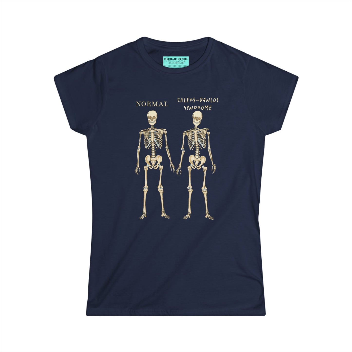 Women’s t-shirt in navy with two skeletons side by side. The first is labeled 'Normal' and the second is labeled 'Ehlers-Danlos Syndrome,' visually illustrating the skeletal effects of EDS.